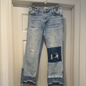 Boho Hippy Iconic Distressed Denim Flare Raw Hem Unique Jeans Women 30 Waist